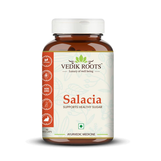 VEDIKROOTS Salacia capsules bottle showcases pure herbal wellness for daily balance.