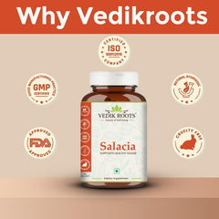 VEDIKROOTS Salacia capsules vegan symbol with product details signals trusted nutrition.