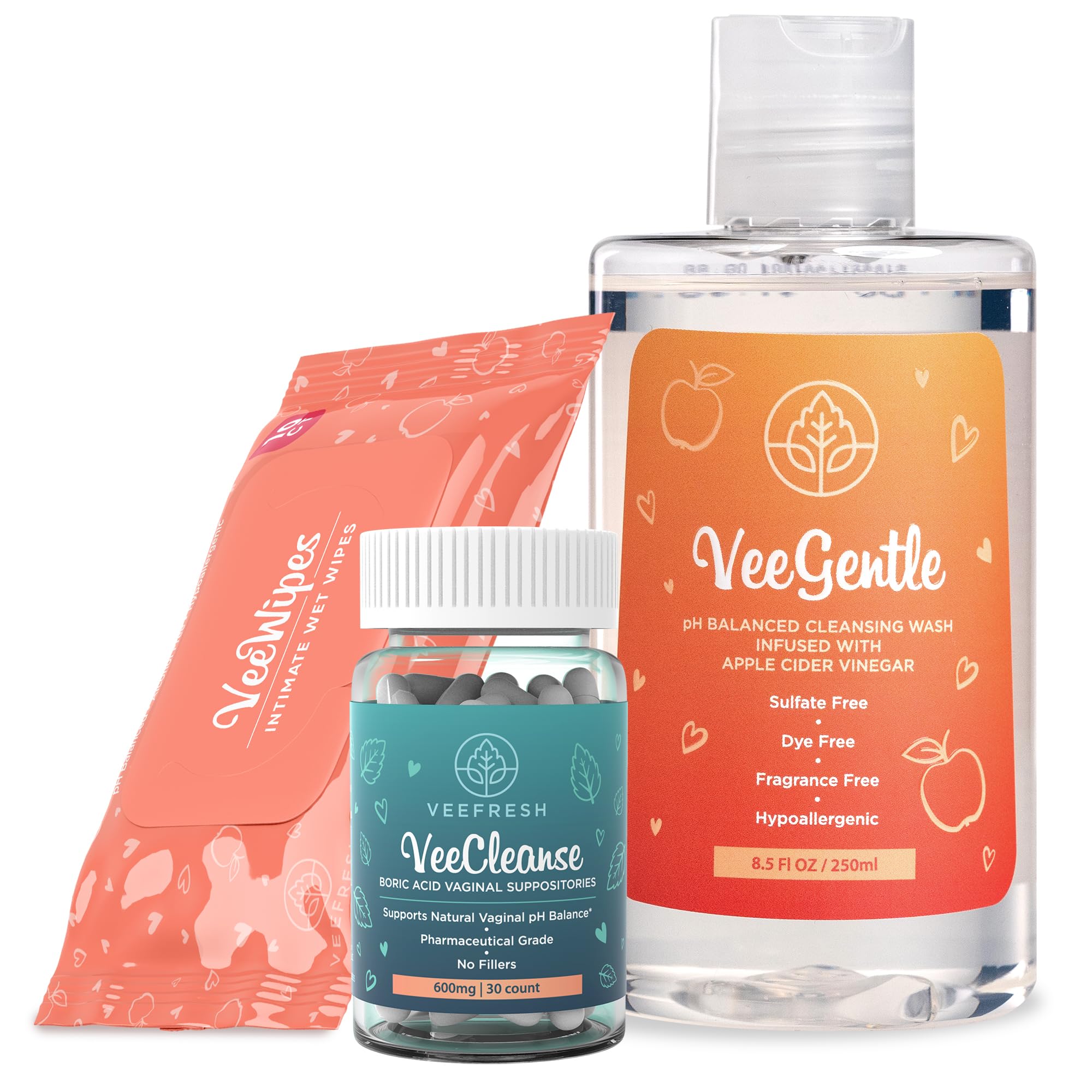 VeeFresh VeeCleanse boric acid suppositories close-up for daily balance.