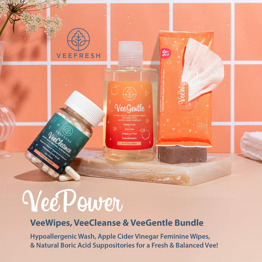 VeeFresh VeeGentle feminine wash bottle highlighting gentle cleansing for sensitive skin.