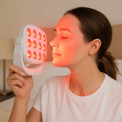 Veefy device in use demonstrates cordless convenience for on-the-go light therapy.