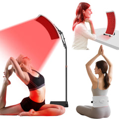 Veefy red light therapy device on a stand for hands-free full-body treatment