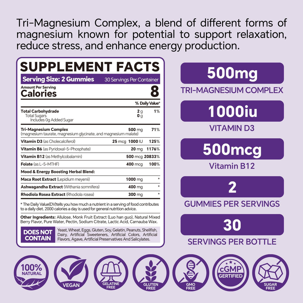 VEETAGYO Magnesium Gummies bottle-back details nutrition for daily mineral intake