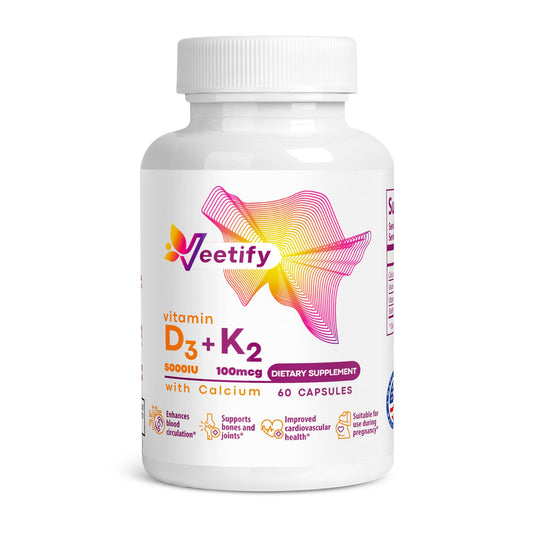Veetify Vitamin D3 + K2 bottle front for bone support