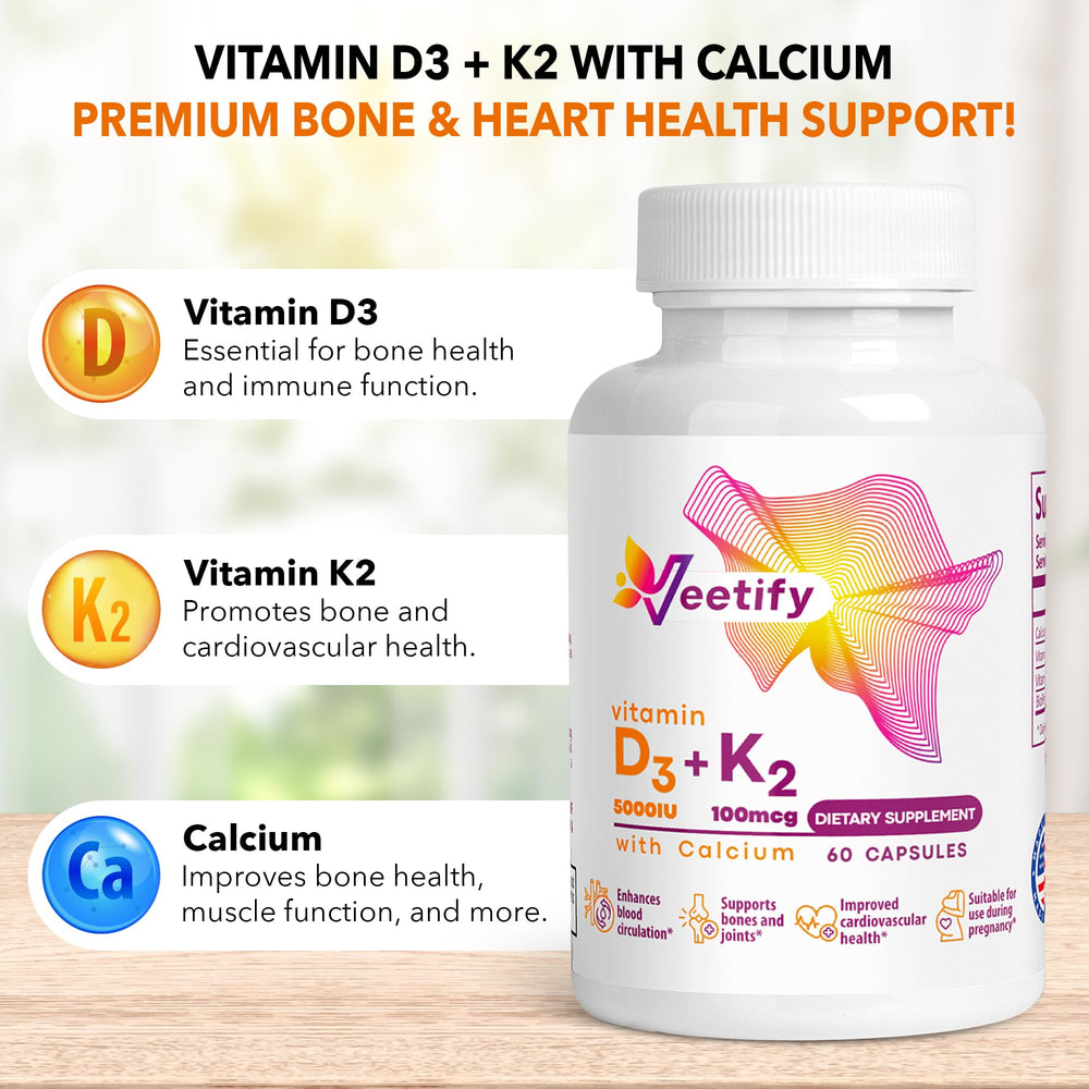 Veetify capsules close-up showing D3 and K2 potency for absorption