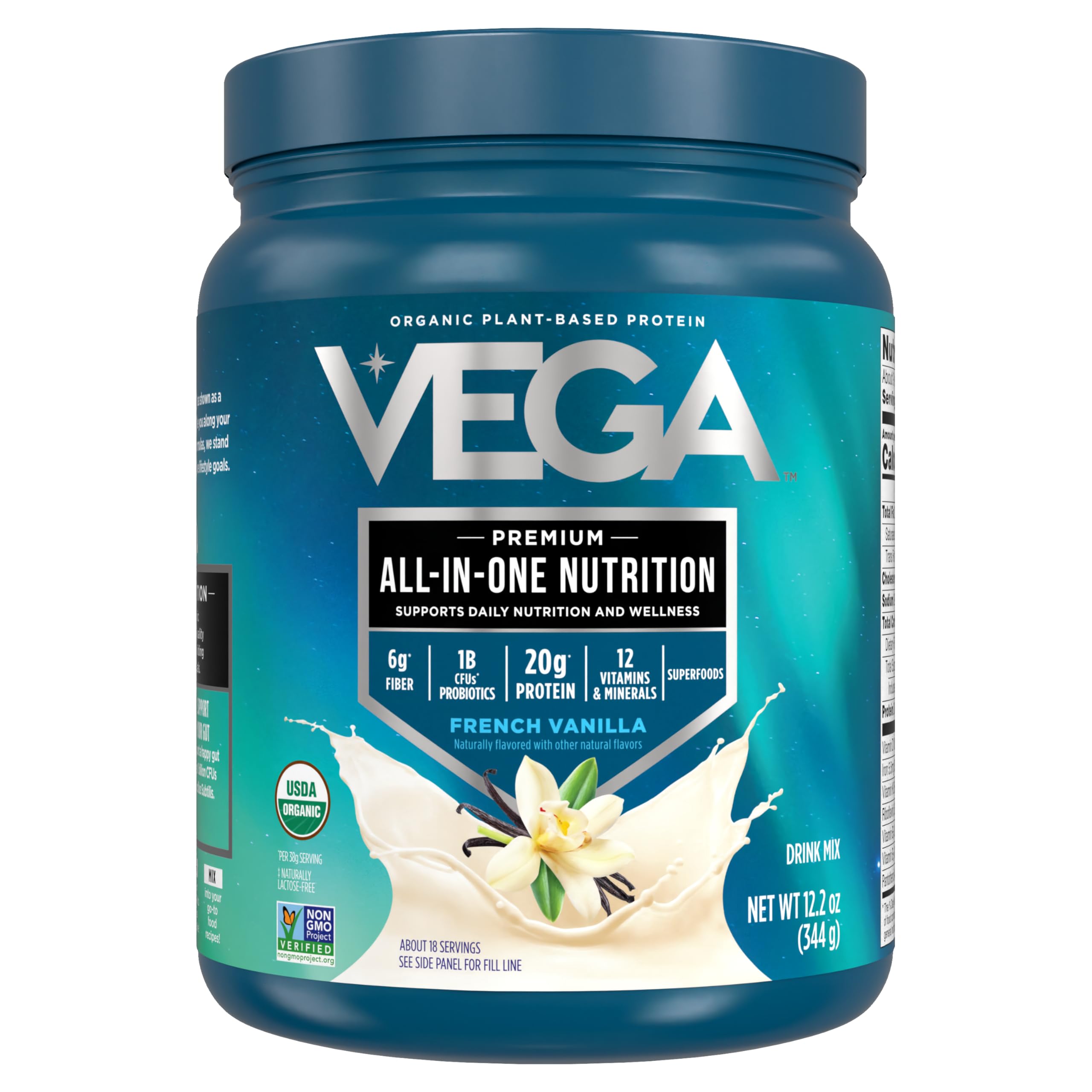 Vega Organic All-In-One French Vanilla canister front view for quick vegan protein on the go.