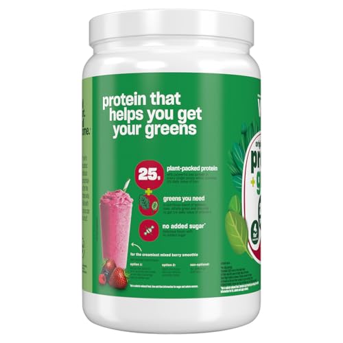 Vega Protein and Greens Berry bottle back detailing nutrition and fiber content