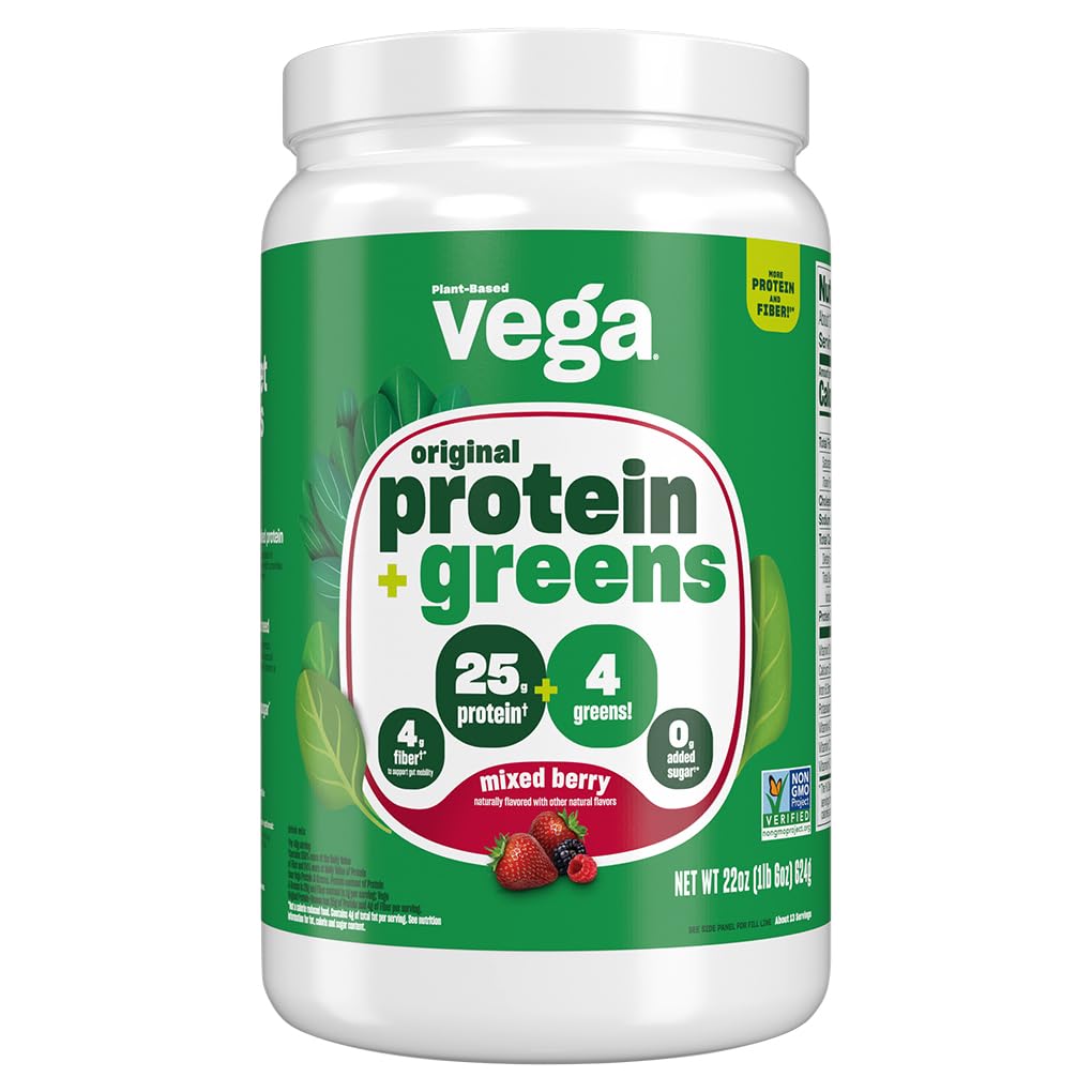 Vega Protein and Greens Berry tub front highlighting plant protein for everyday nourishment