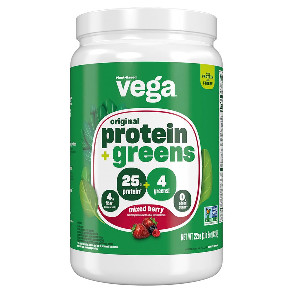 Vega Protein and Greens Berry tub front highlighting plant protein for everyday nourishment