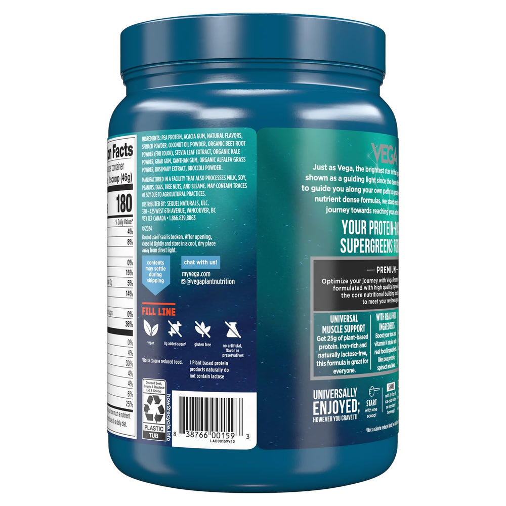 Vega Protein and Greens bottle with ingredients list emphasizing plant-based nutrition