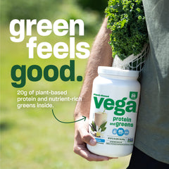 Vega Protein and Greens Coconut Almond tub blending tropical notes with greens.