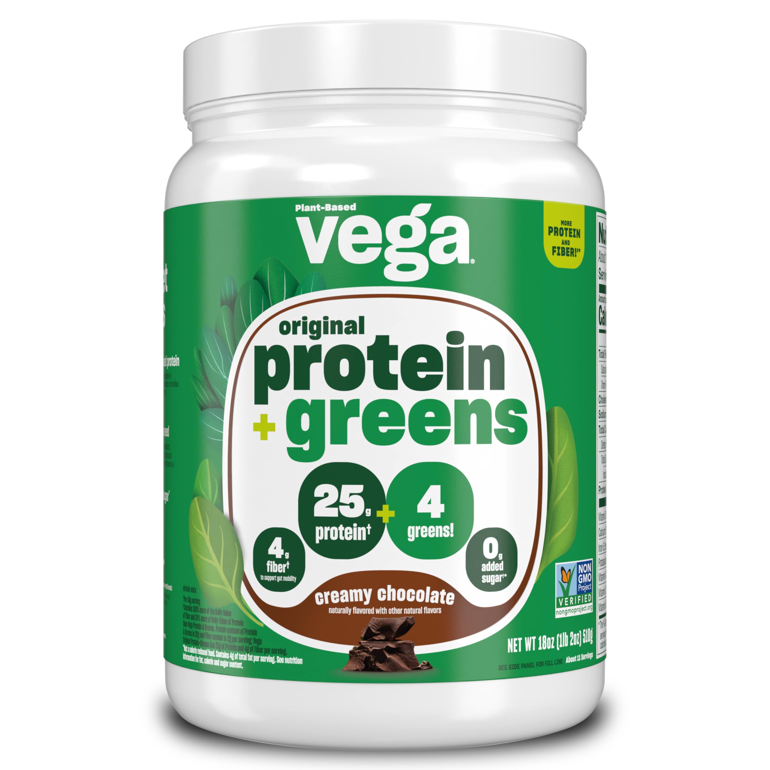 Vega Protein & Greens Creamy Chocolate container showing plant-based protein and greens for smoothies