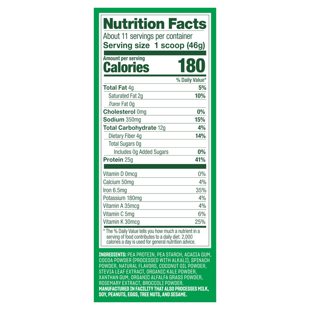 Vega Protein & Greens Creamy Chocolate shake glass emphasizing quick, plant-powered snacks