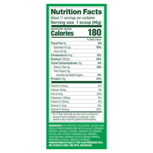 Vega Protein & Greens Creamy Chocolate shake glass emphasizing quick, plant-powered snacks