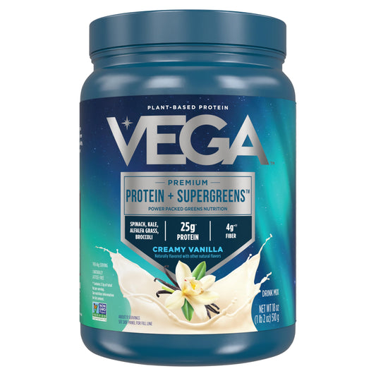 Vega Protein and Greens creamy vanilla tub showcases plant-based protein plus greens for daily nutrition.