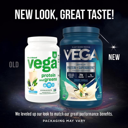 Vega Protein and Greens scoop beside powder ready for vegan protein boost