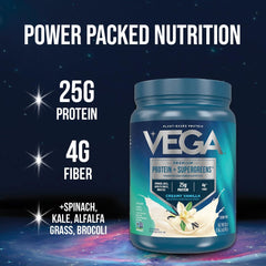 Vega Protein and Greens Mixed Berry shake glass with creamy texture