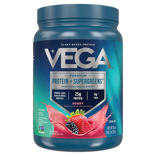 Vega Protein and Greens Mixed Berry tub highlighting 25g protein per serving for daily energy