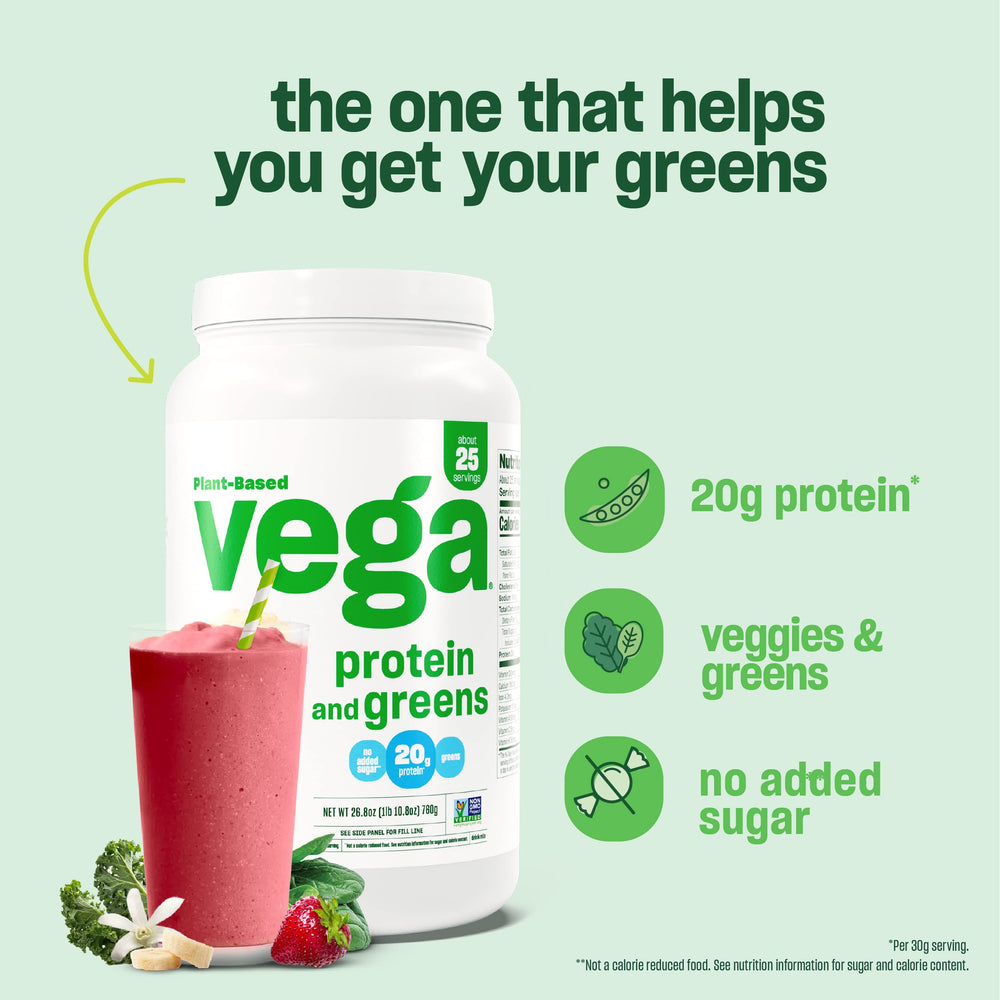 Vega Protein and Greens Tropical tub offering bright fruit-forward nutrition and greens.