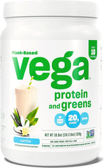 Vega Protein and Greens Vanilla tub showing 20g plant-based protein with greens for daily nutrition.