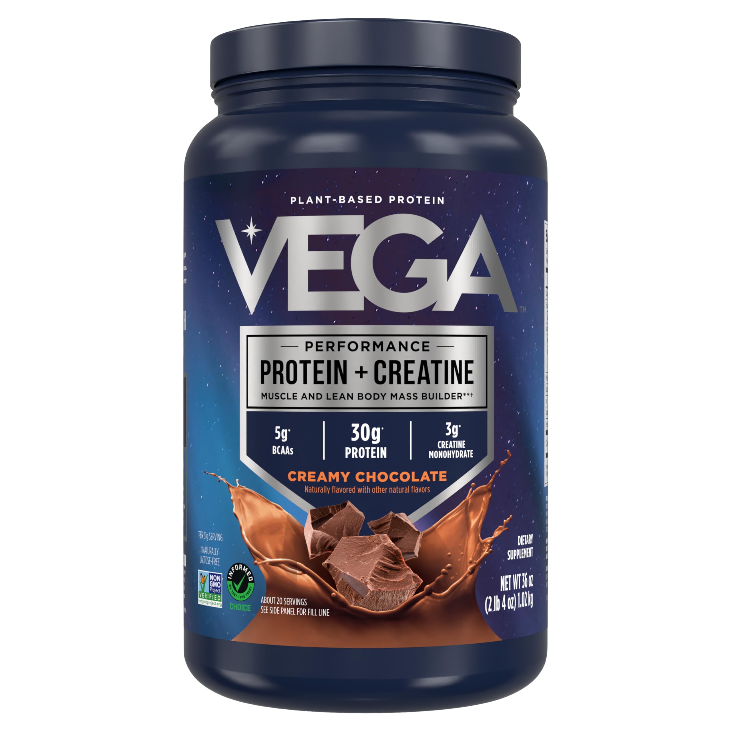 Vega Protein + Creatine chocolate tub front highlighting 30g protein per serving for muscle support