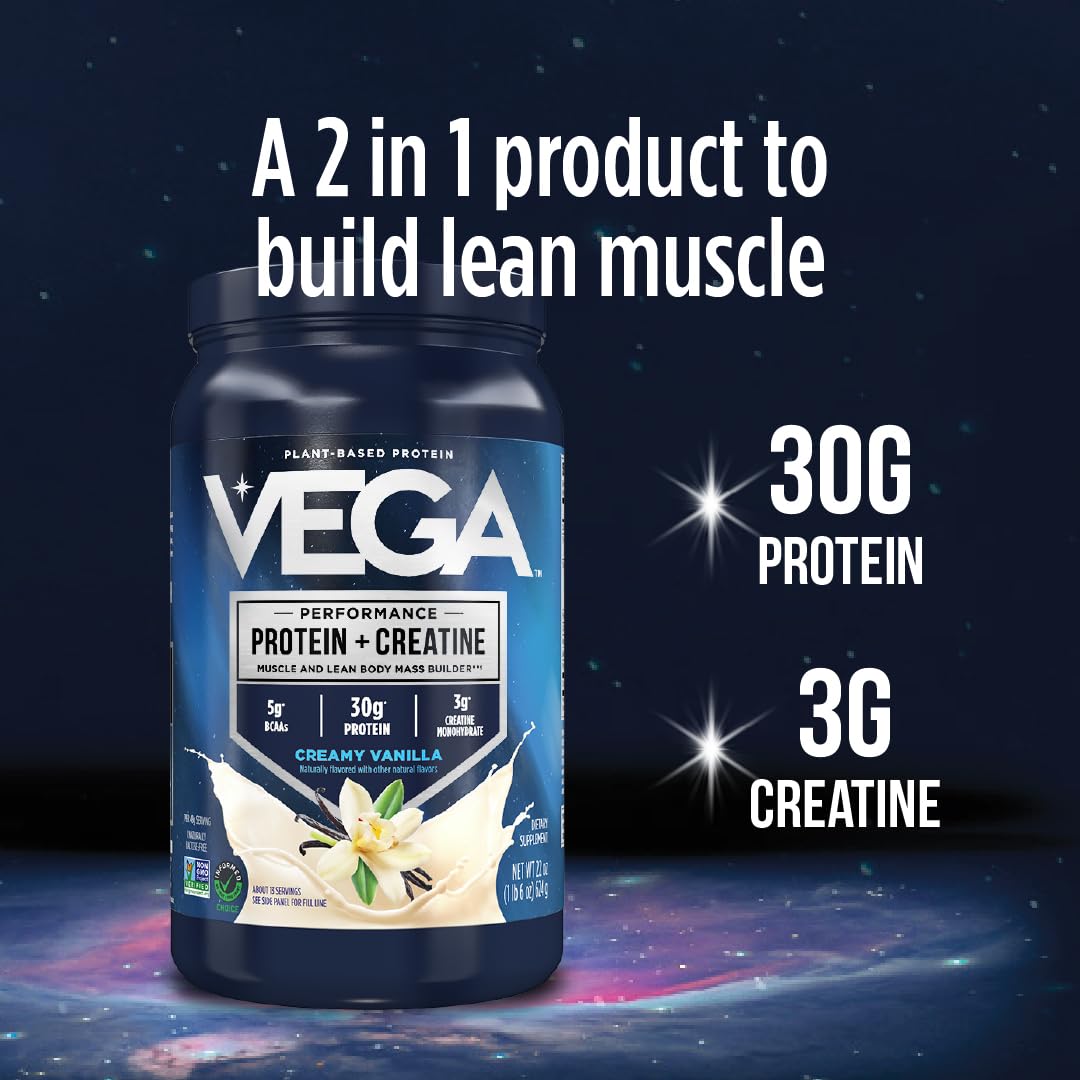 Vega Protein Creatine vanilla serving scoop showing 30g protein and 5g BCAAs