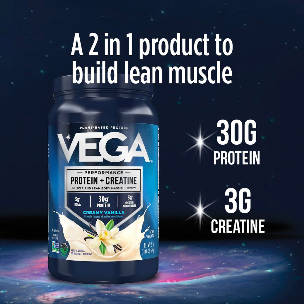Vega Protein Creatine vanilla serving scoop showing 30g protein and 5g BCAAs