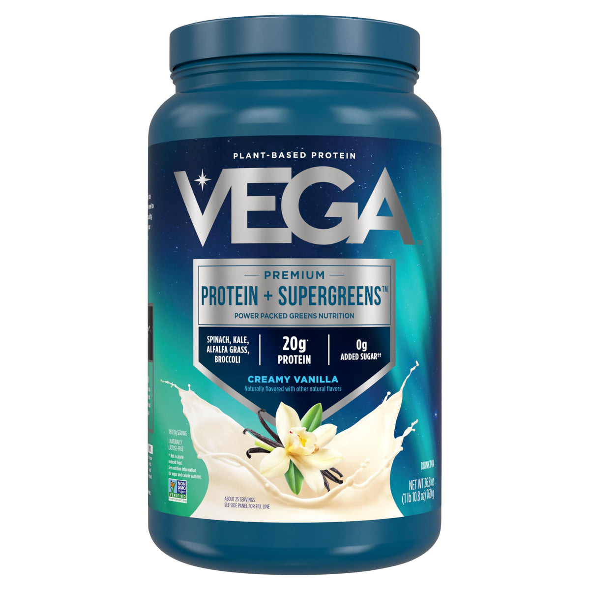 Vega Protein & Greens packaging showing creamy vanilla flavor and 20g plant protein.