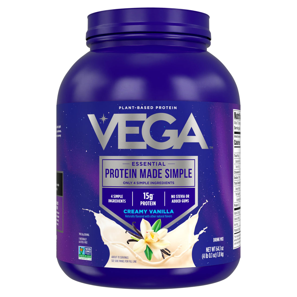 Vega Protein Made Simple vanilla XL tub displays 15 g protein per serving for daily plant-based nutrition.