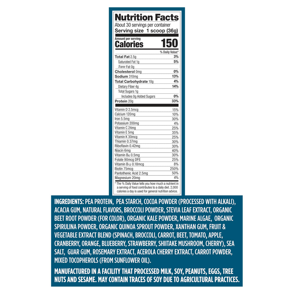 Vega Protein + Nutrition chocolate ingredients blend showing pea, flaxseed and hemp.