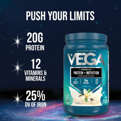 Vega Protein + Nutrition chocolate shake glass, creamy plant-based smoothie ready to enjoy.