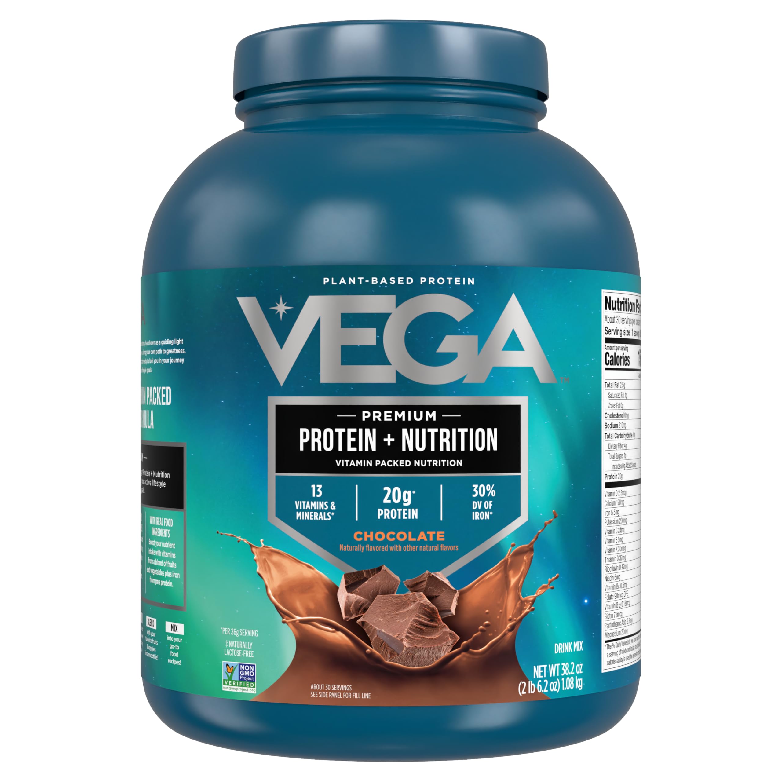 Vega Protein + Nutrition chocolate tub, convenient plant-based protein source.