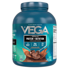 Vega Protein + Nutrition chocolate tub, convenient plant-based protein source.