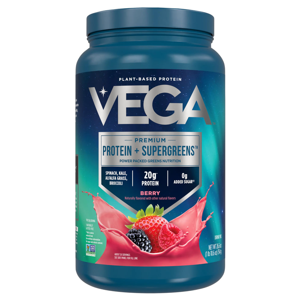 Vega Protein + Supergreens packaging variant highlights refreshed branding for easy recognition.