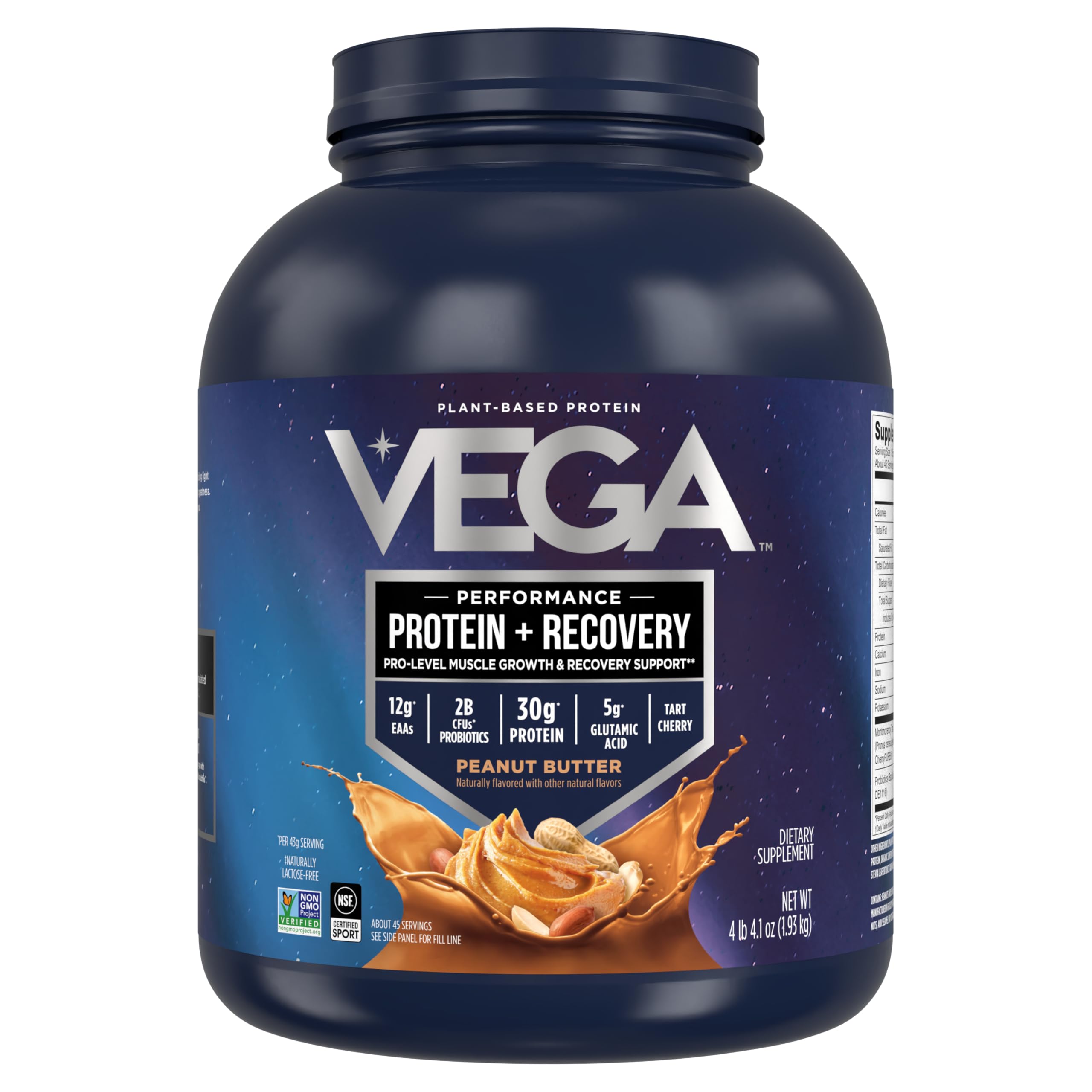 Vega Sport Peanut Butter protein powder tub, ideal for creamy post-workout shakes.