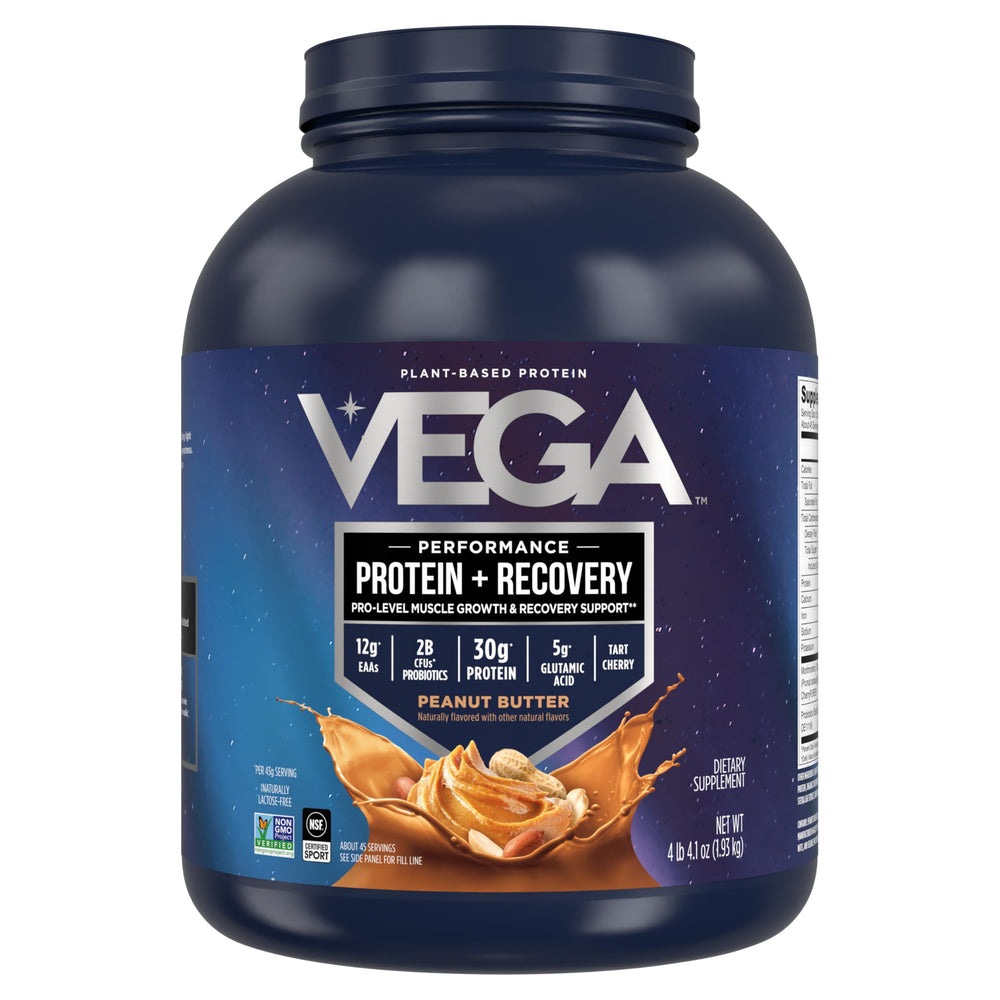 Vega Sport Peanut Butter protein powder tub, ideal for creamy post-workout shakes.