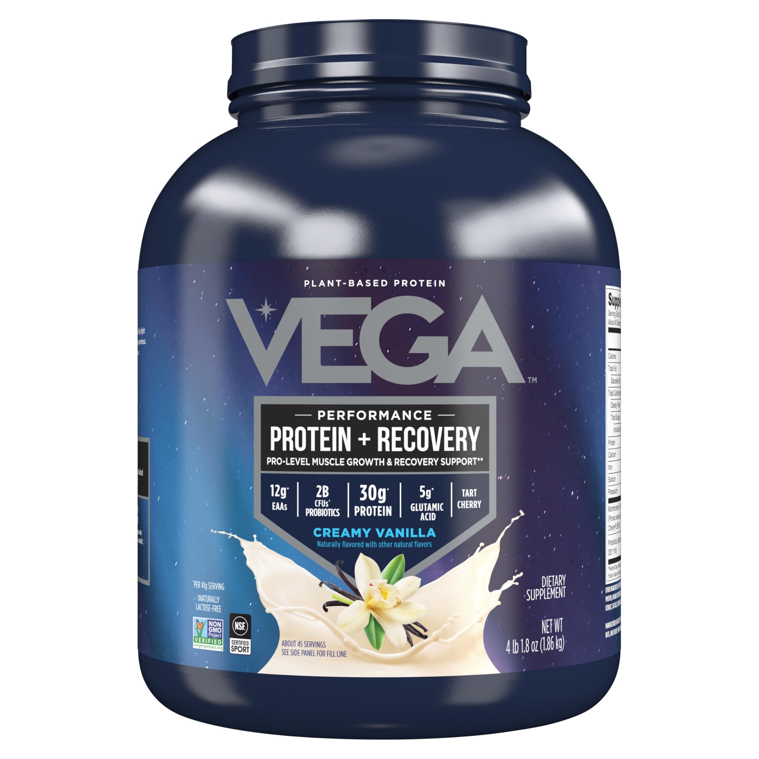 Vega Sport Vanilla tub displayed for post-workout refuel with plant-based protein.
