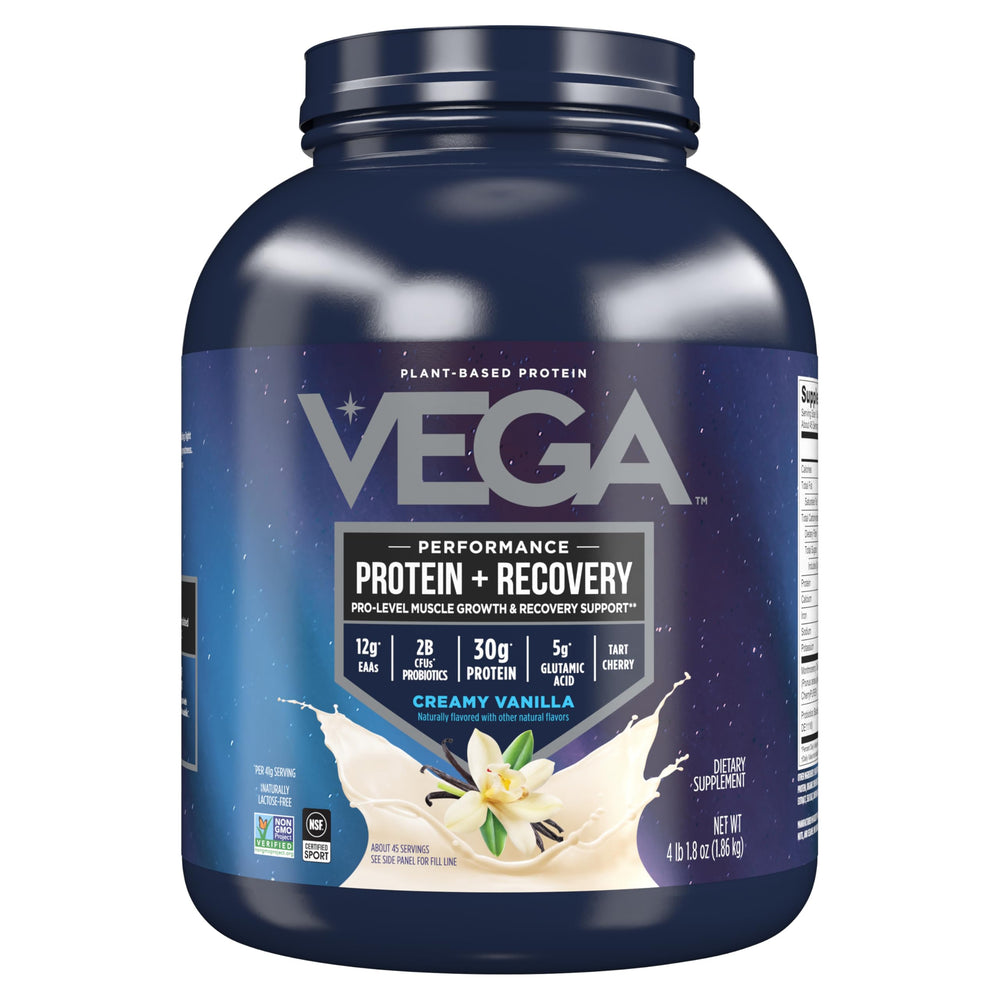 Vega Sport Vanilla tub displayed for post-workout refuel with plant-based protein.