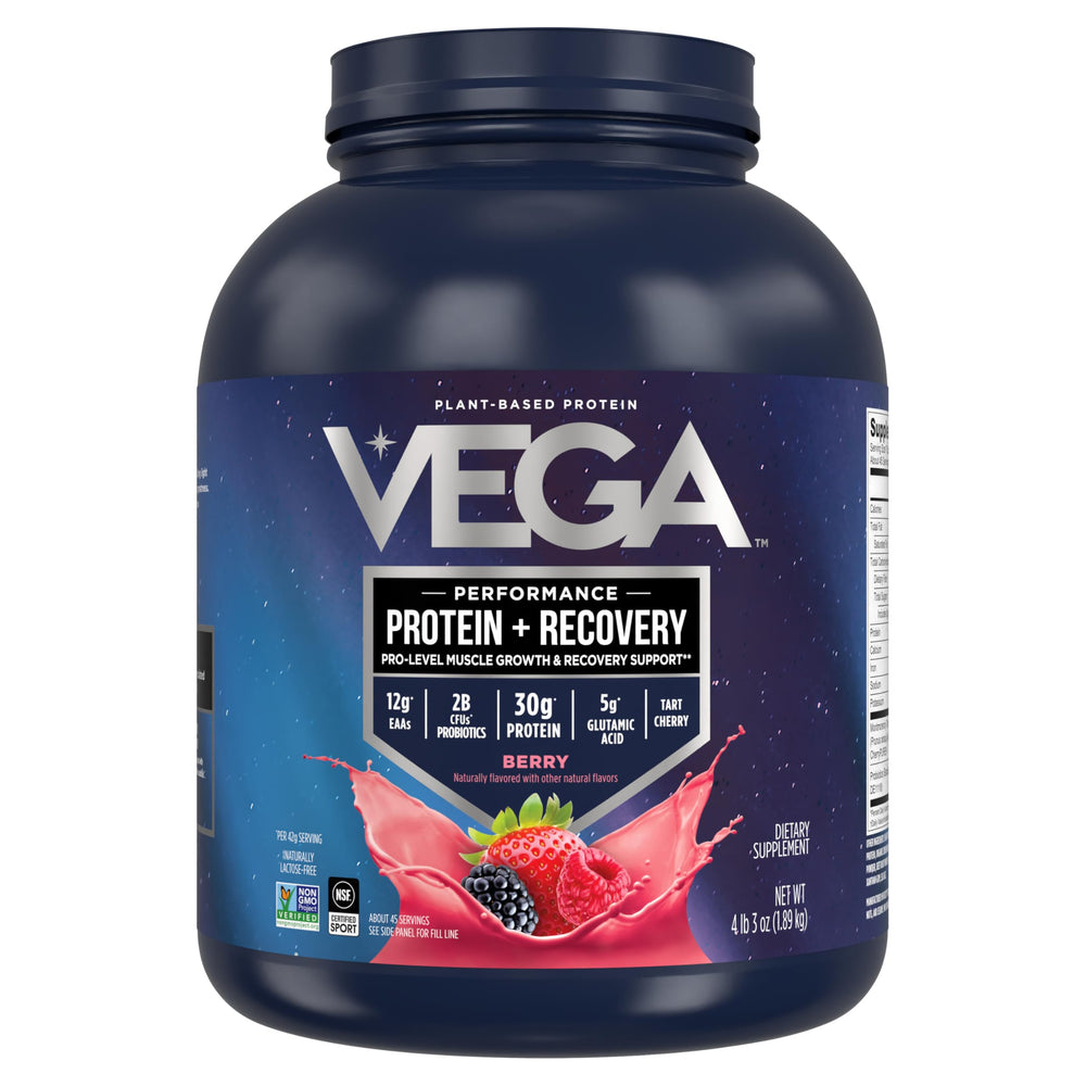 Vega Sport Berry tub ready for shakes and recovery.