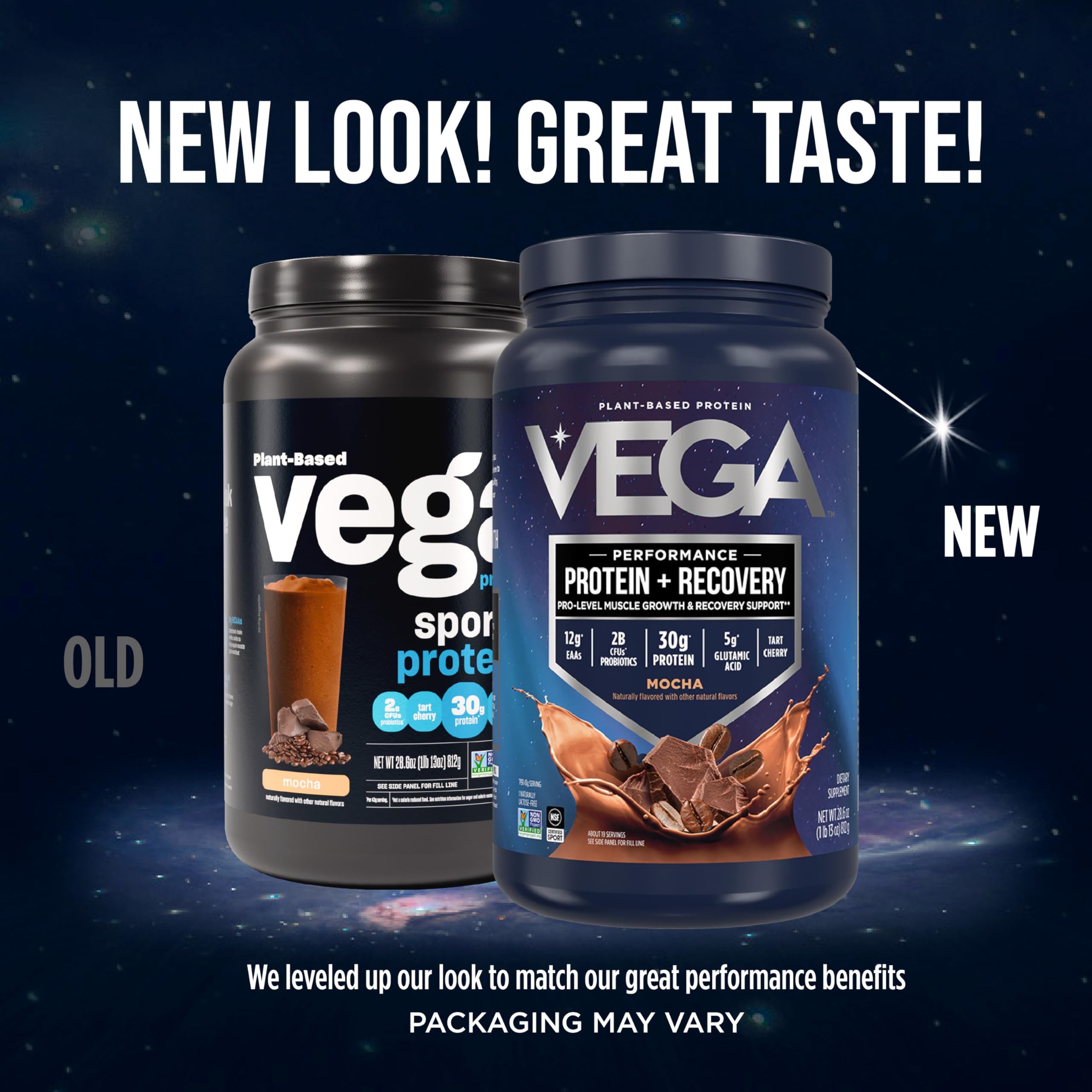Vega Sport Mocha powder poured into a glass for smooth texture.