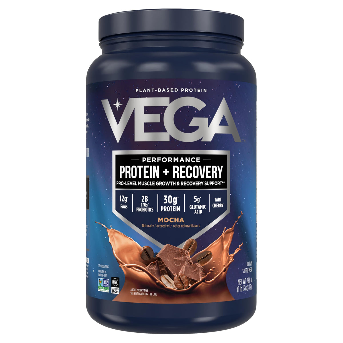Vega Sport Mocha tub front for plant-based post-workout fueling.