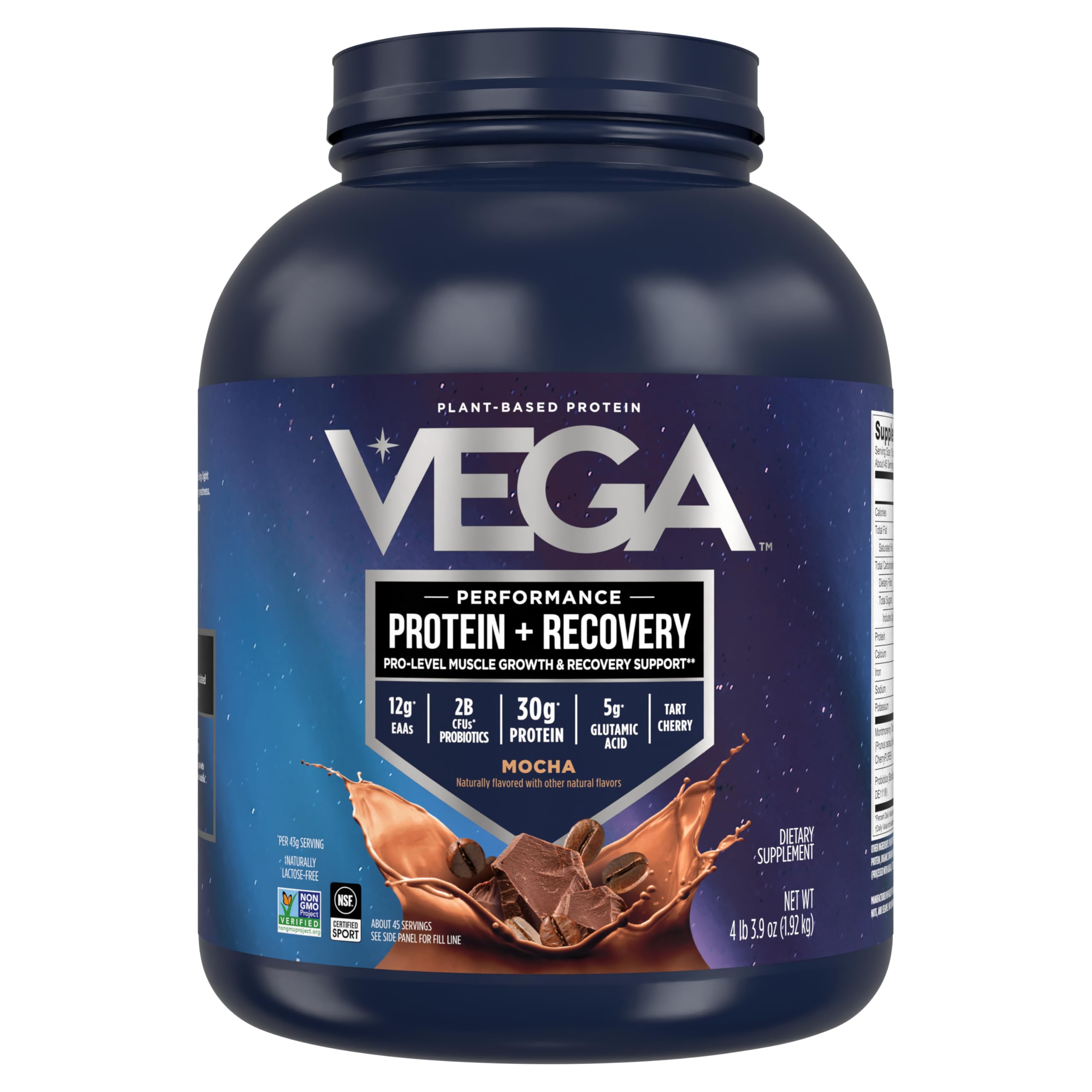 Vega Sport Mocha tub showing 30g plant-based protein and probiotics