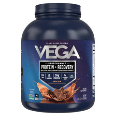 Vega Sport Mocha tub showing 30g plant-based protein and probiotics