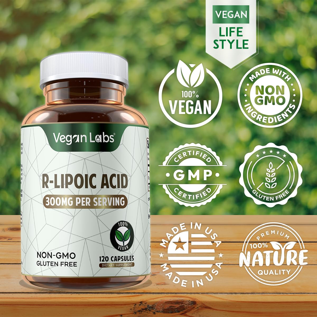 Vegan Labs R-Lipoic Acid bottle with glass of water for easy swallowing.