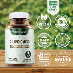 Vegan Labs R-Lipoic Acid bottle with glass of water for easy swallowing.