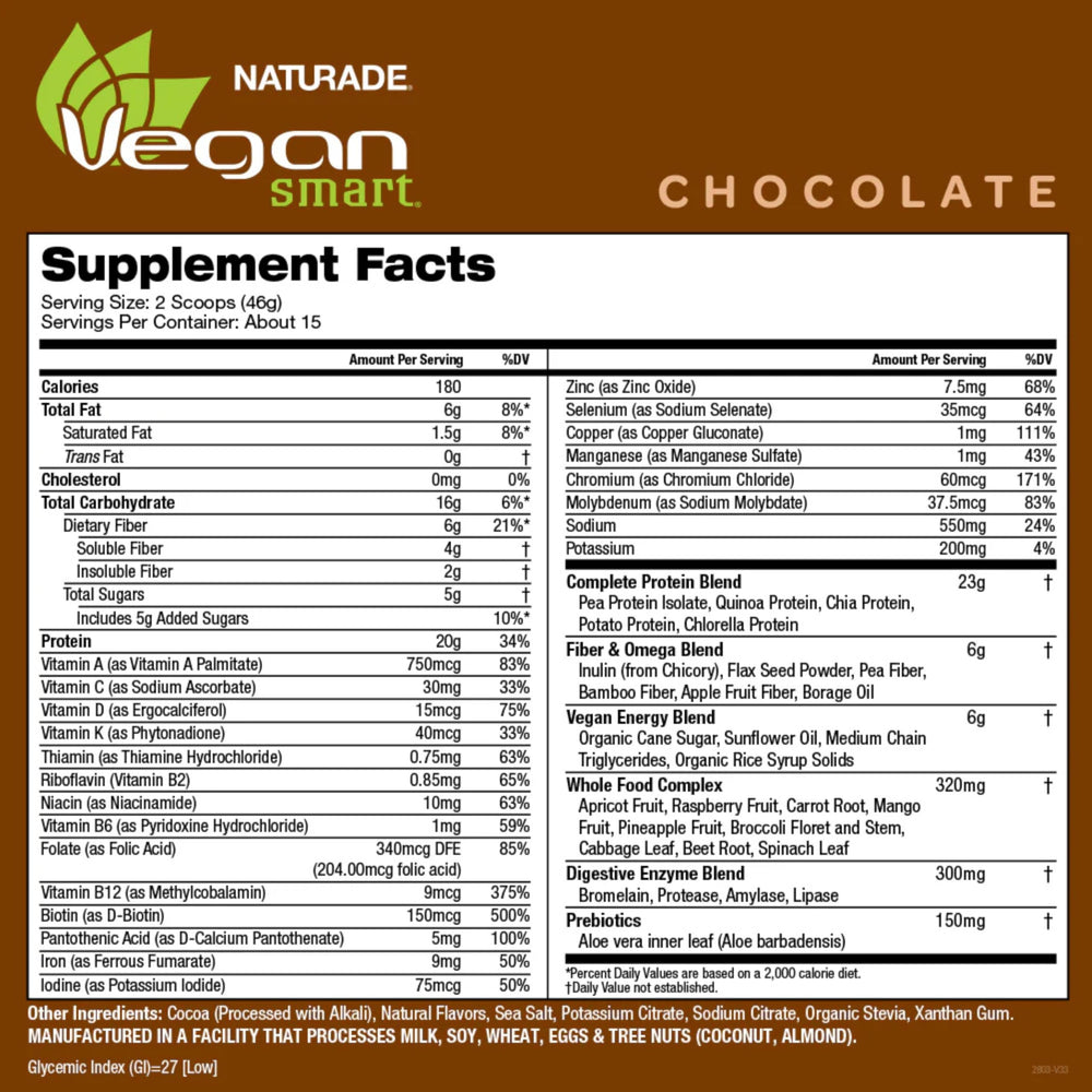 Vegansmart Naturade All-in-One Shake chocolate scoop highlighting protein-rich blend for recovery.