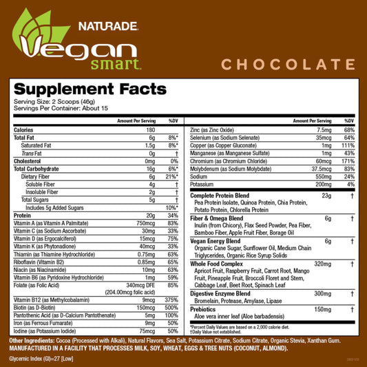 Vegansmart Naturade All-in-One Shake chocolate scoop highlighting protein-rich blend for recovery.