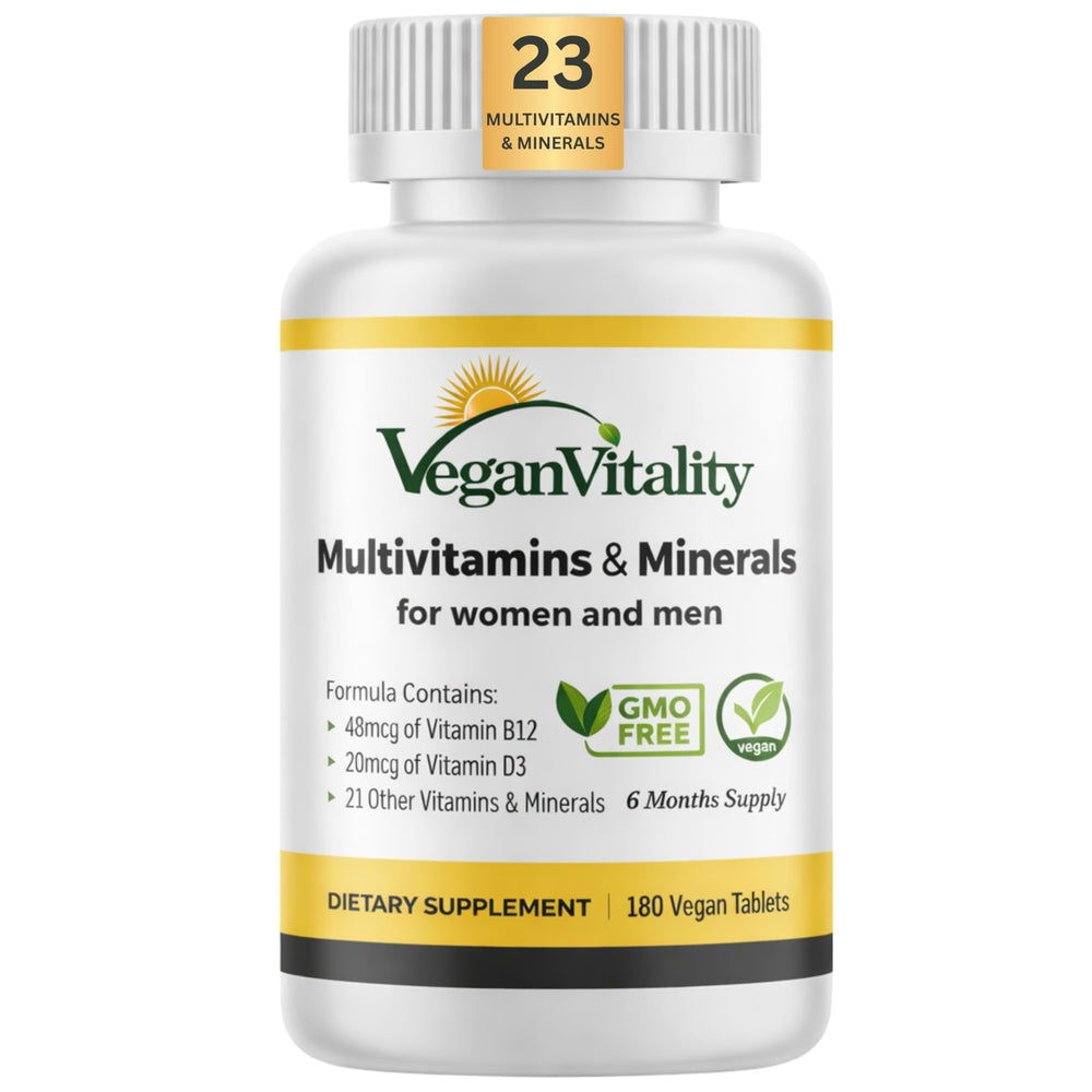 Vegan Vitality bottle front view for daily vegan nutrition.