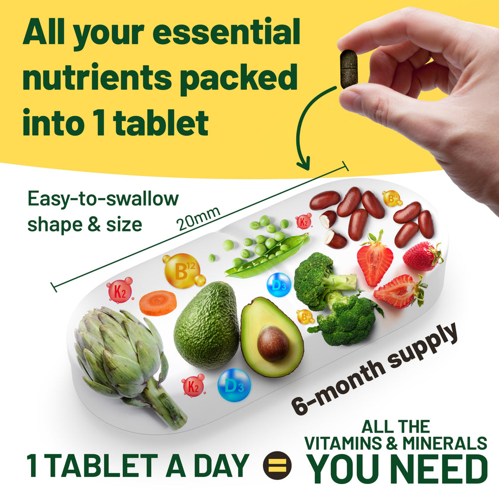 Vegan Vitality bottle open showing easy-to-take tablets.