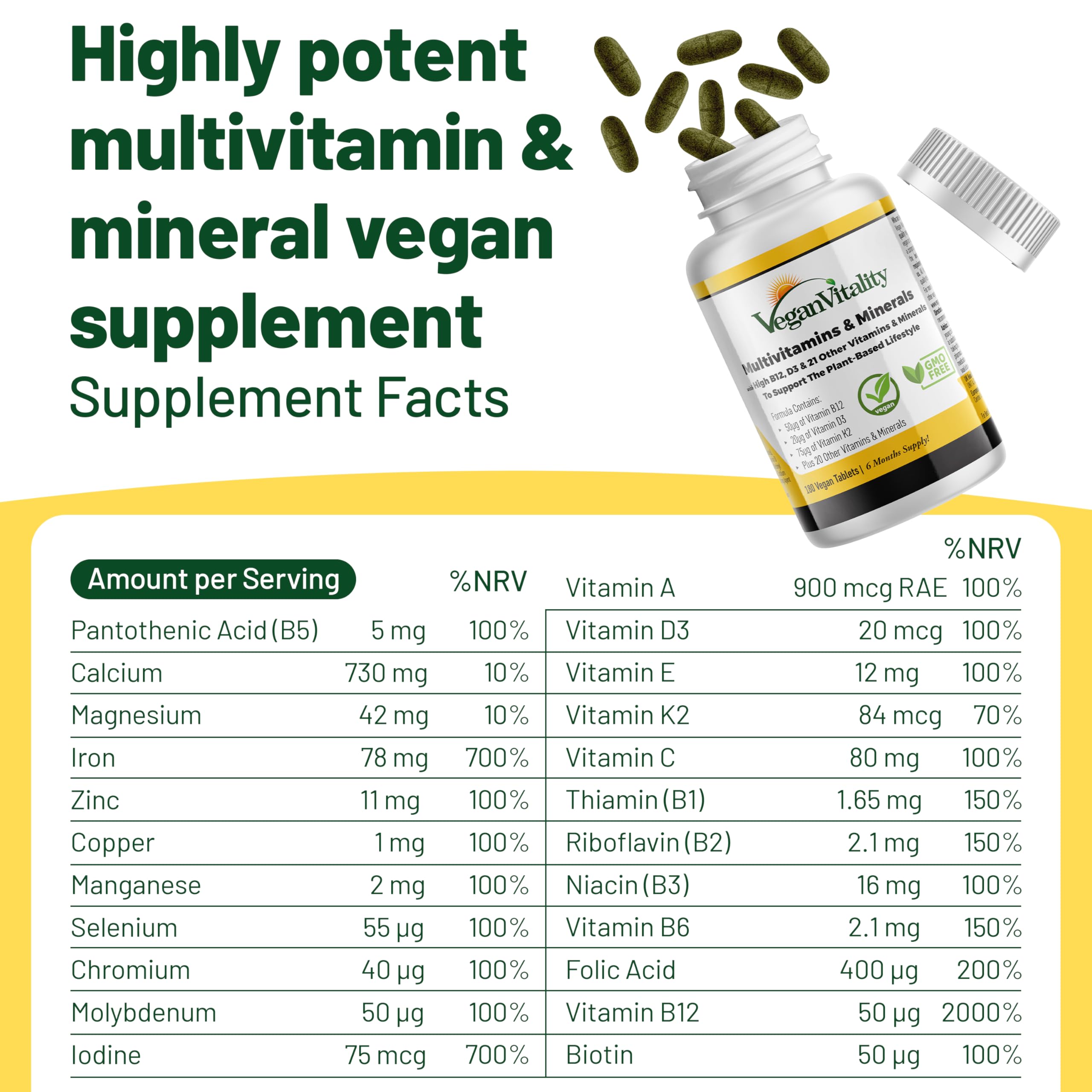 Vegan Vitality tablets lineup illustrating a comprehensive daily multivitamin for vegans.